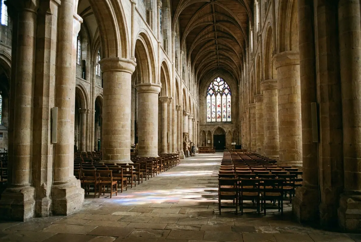 The nave of an English medieval cathedral with light falling across the stone floor