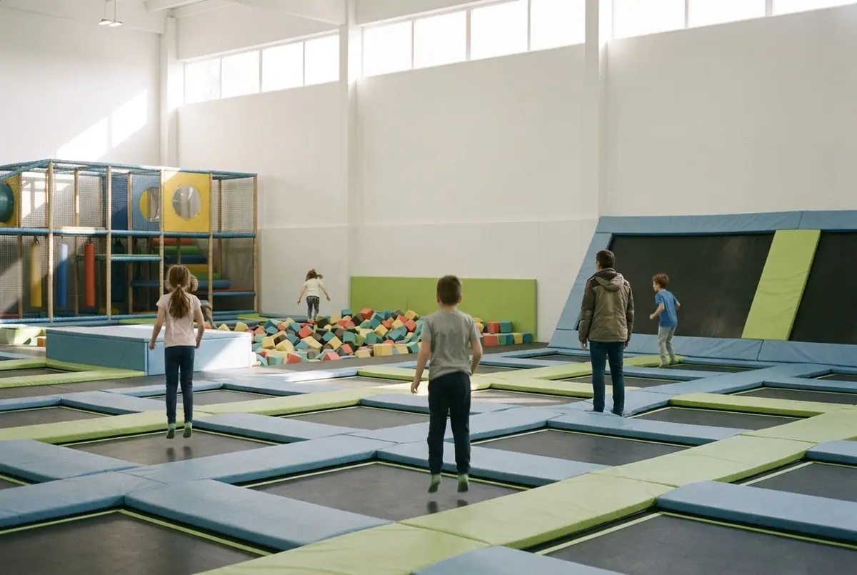 The interior of a large indoor trampoline park with foam pits and safety padding