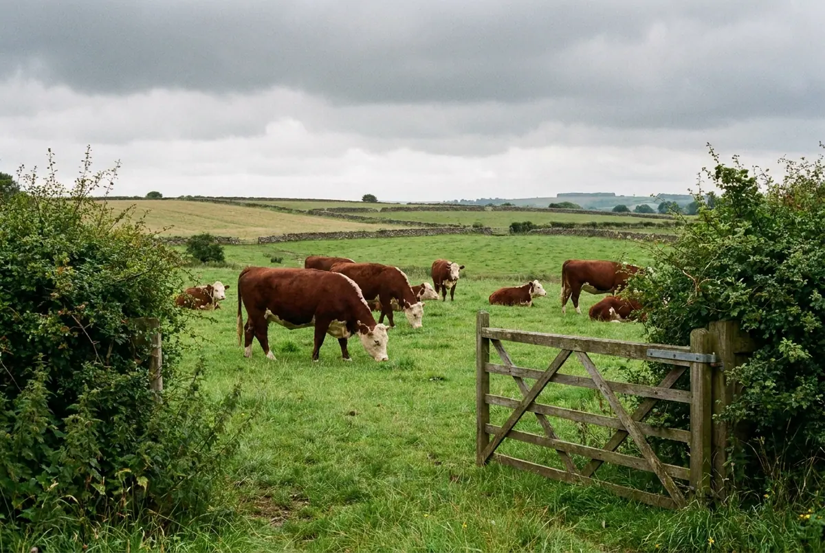 Hereford cattle grazing in a hedged pasture on an overcast morning