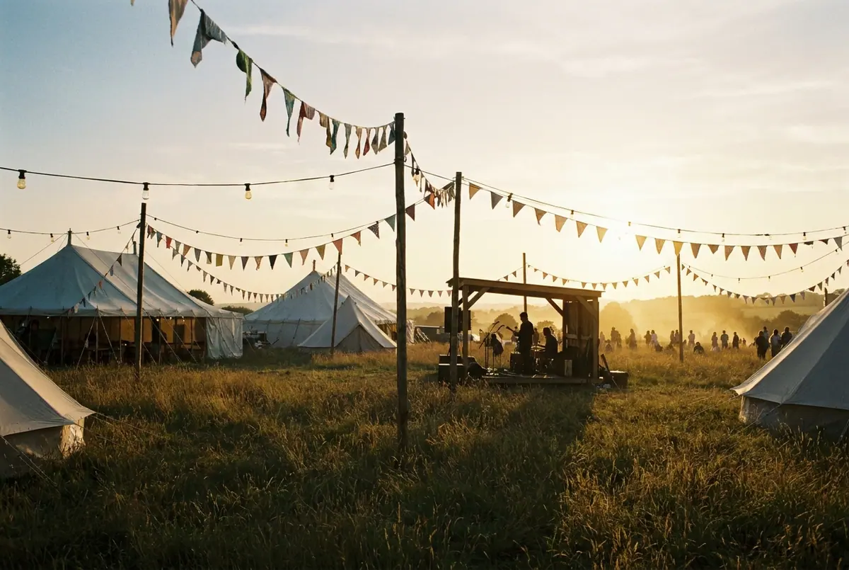 Canvas marquees and bunting in a festival field at golden hour