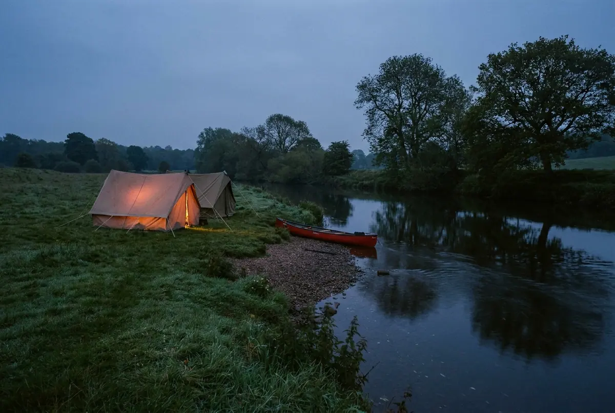 Tents pitched on a grassy riverbank at dusk with a canoe on the shingle