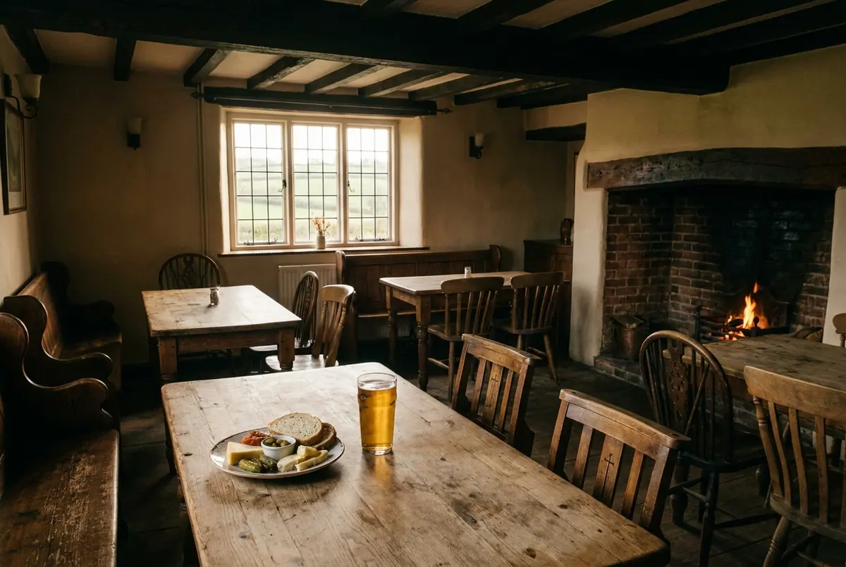 The dining room of an English country pub with scrubbed wooden tables and a fire