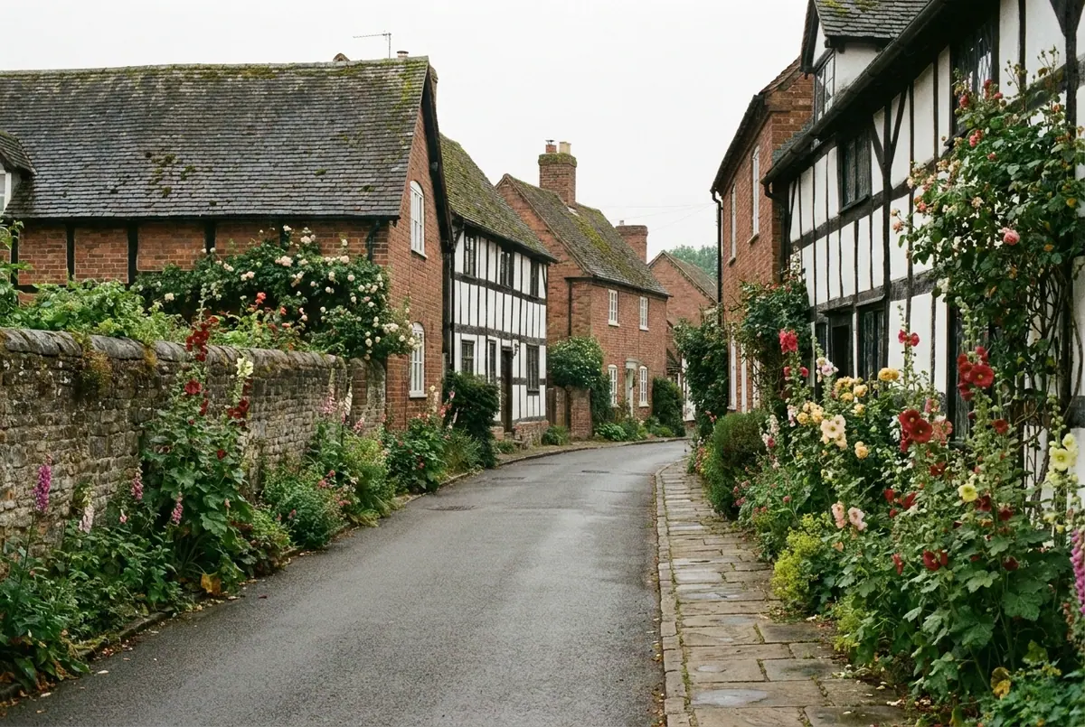A village lane of black-and-white timber-framed cottages