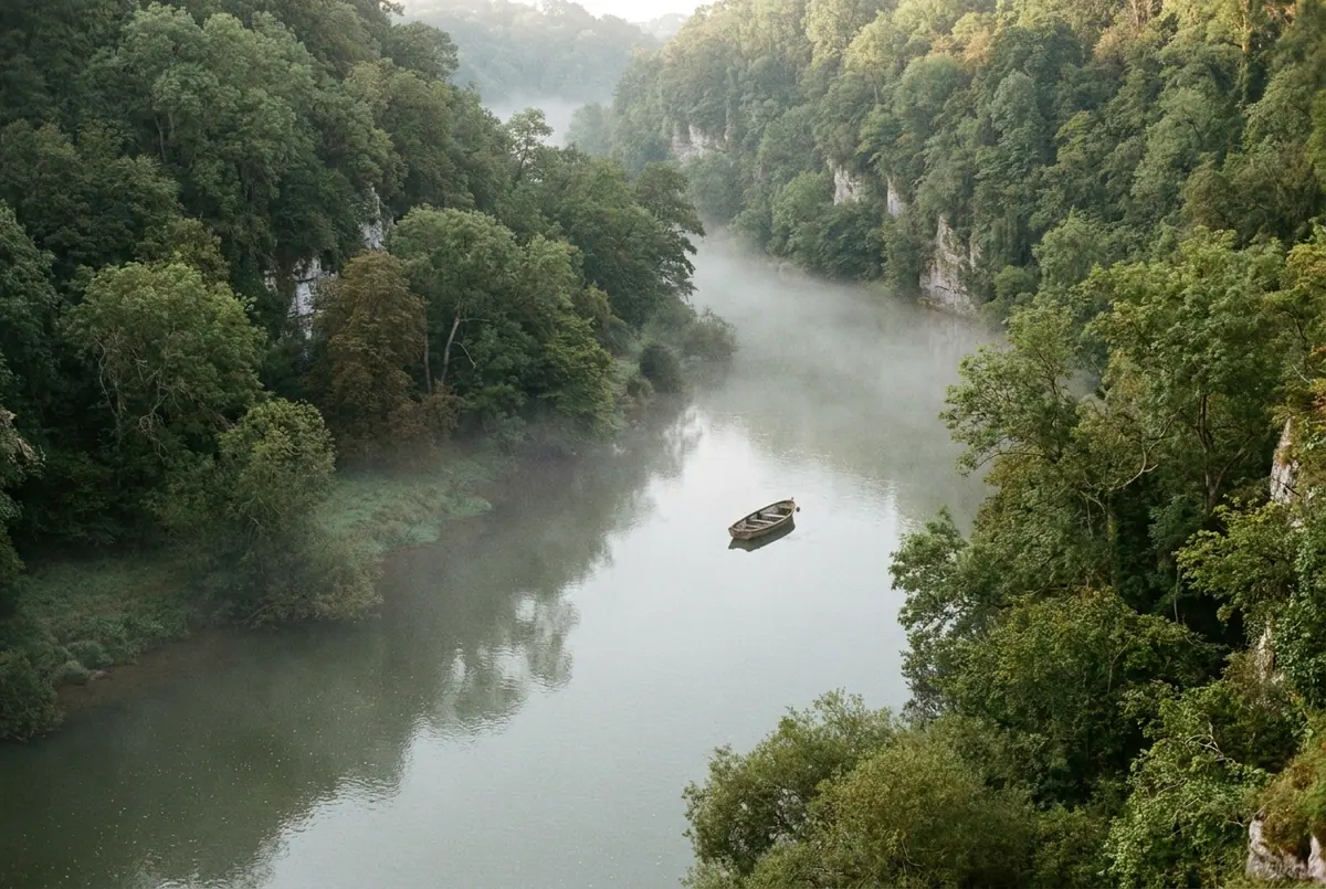 A wide slow river winding through a steep wooded gorge in summer